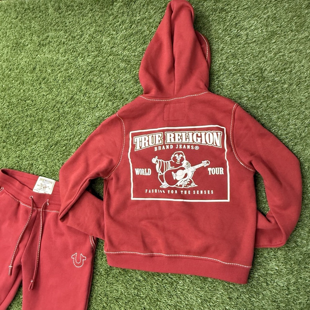 True Religion Womens Red Tracksuit Set Big T Stitch Zip Hoodie Joggers Medium M - Picture 3 of 7